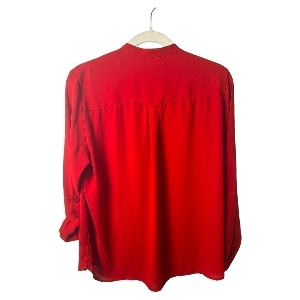 Mango Shirt Womens M Button Up Roll Tab Sleeve Red Gold Accents Light Office - Picture 2 of 11